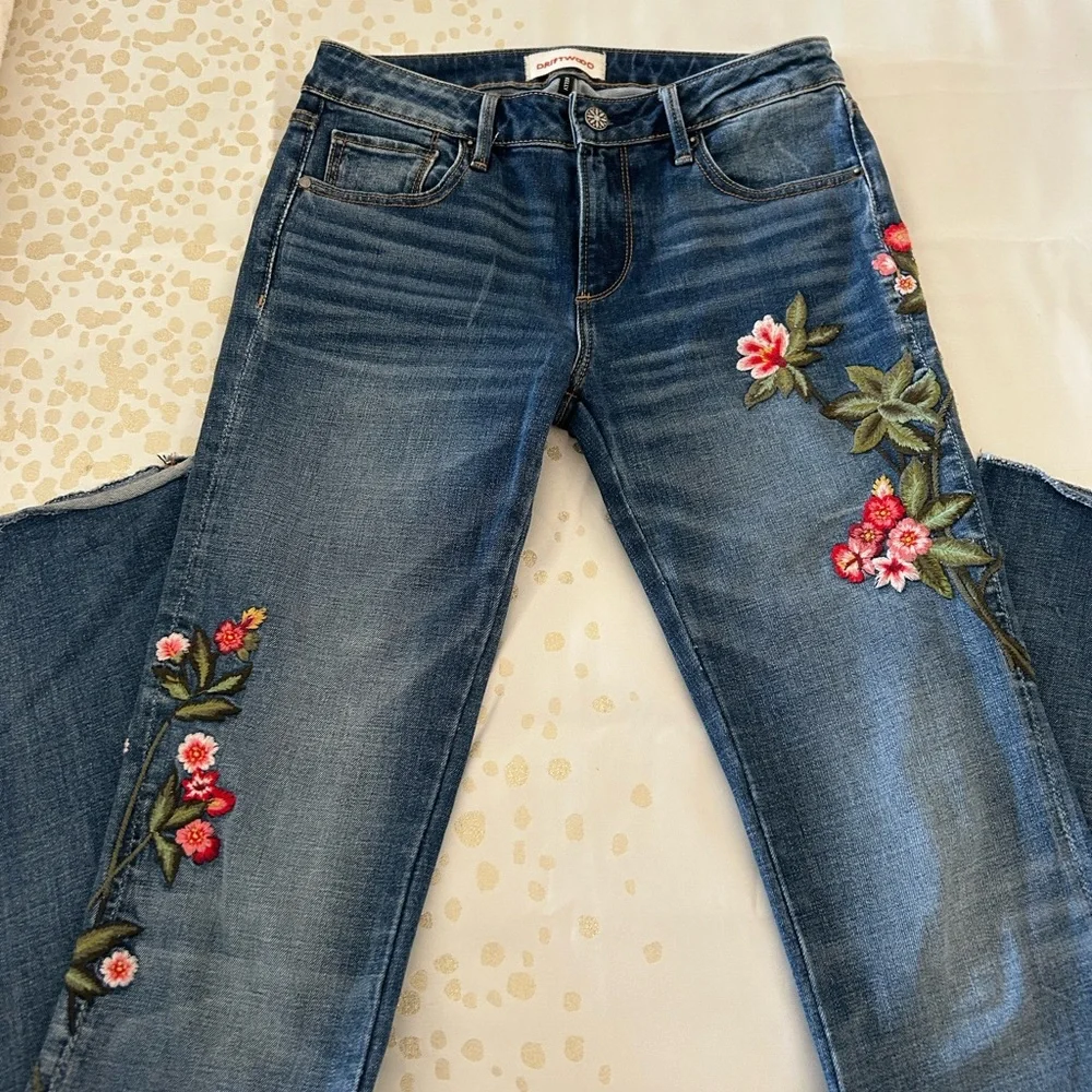 DRIFTWOOD Blue Boot Cut Jeans with Pink Floral Embroidery - Picture 1 of 11